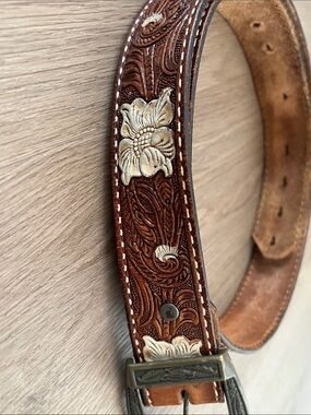 Tony Lama Brown Tooled Leather Belt with Silver-Toned Floral Accents
